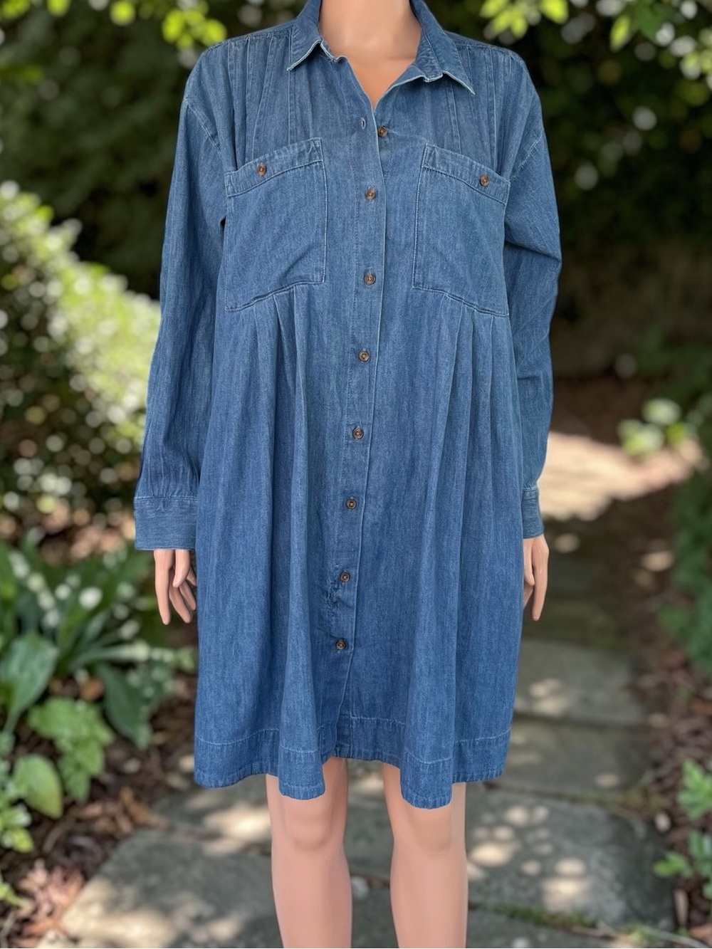 LOFT NWT Denim Shirt Dress Large 100% Cotton Button Front Pockets Babydoll